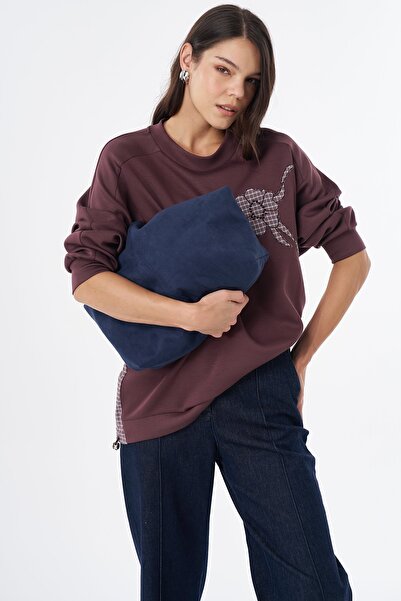 Kayra Plaid Floral Appliqué Sweatshirt Burgundy