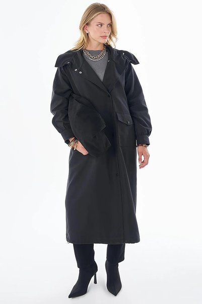 Kayra Trench Coat with Pocket Bag, Black