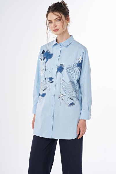 KYR Map Embroidered Cotton Tunic Blue