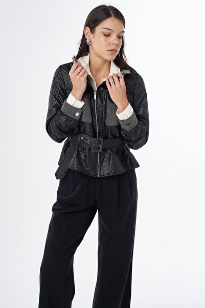 Kayra Belt Detailed Jacquard Short Jacket Black