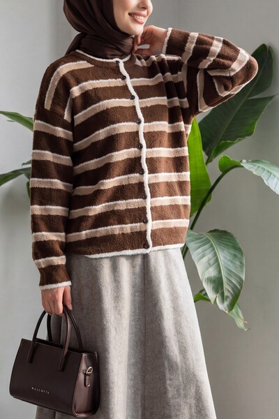 Modamorfo Round Neck Striped Knitwear Cardigan -Mink