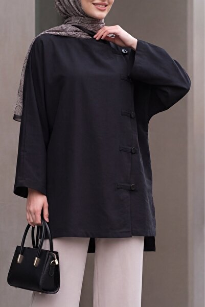 Modamorfo Round Neck Polyviscon Tunic with Buttons on the Front and Long Back...