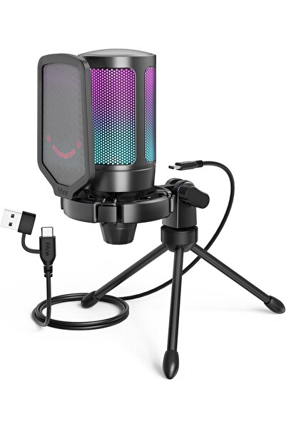 Fifine ميكروفون ألعاب AmpliGame A6V USB، ميكروفون مكثف RGB للبث المباشر