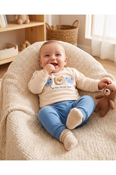 Erkek Bebek Ayıcık Detaylı %100 Pamuk 3-6-9-12 Aylık Mevsimlik İkili Bebek Takımı