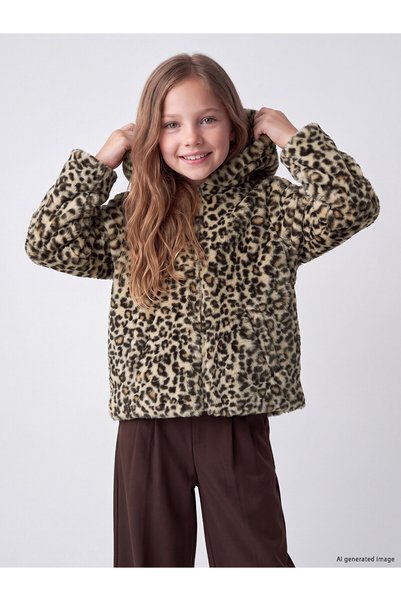 LC Waikiki Brown Leopard Patterned Girl's Faux Fur Coat