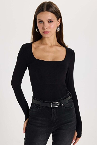 Tudors Kadın Slim Fit Dar Kesim Pamuklu Kare Yaka Ultra Soft Siyah Bluz