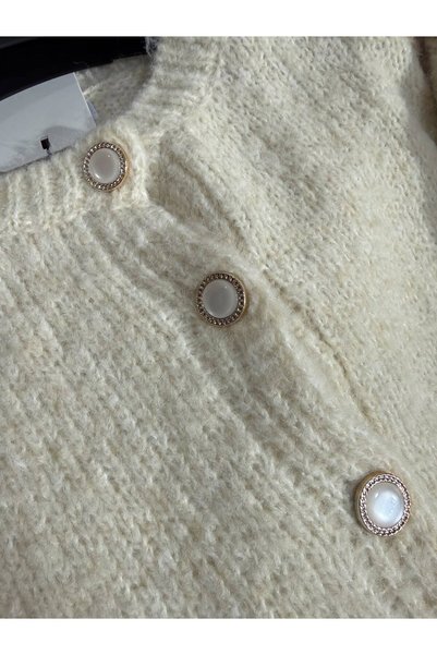 DipOL Butik Ecru Stone Buttoned Contoured Pearl Knitwear Cardigan