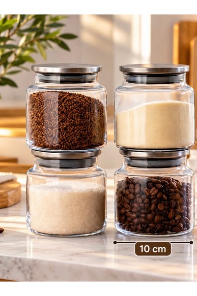 Kitchen Pembelia 4’lü Metal Vakum Kapaklı Cam 500 cc Bakliyat Erzak Baharatlık Saklama Düzen Kavanoz Seti Baharatlık Takımı