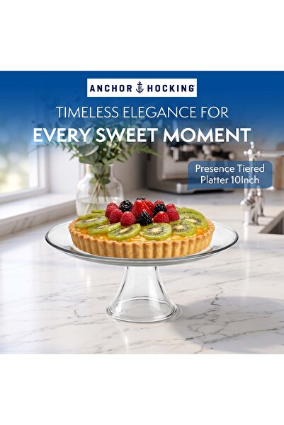 Anchor Hocking Presence Tiered Cake Stand 10 Inch Clear Glass Pedestal Serving Platter for Cakes Pies Cookies Pastries