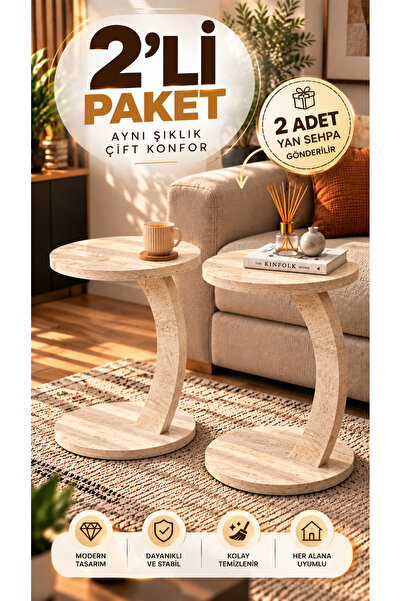 FURNICI 2'li C Sehpa Seti – Modern Tasarım Yan Sehpa Traverten