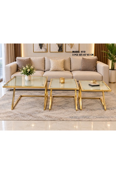 unbranded طاولة قهوة بإطار ذهبي، طقم من 3 قطع