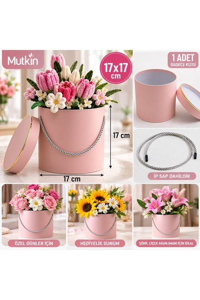 Mutkin 17x17 cm Pembe Silindir Çiçek Kutusu Kapaklı İp Saplı Şönil Çiçek Buket Hediyelik Kutu 1 Adet