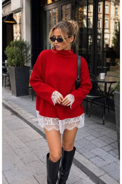 STF MODA Kadın Ekru Dantel Detaylı Yarım Balıkçı Yaka Oversize Triko Kazak