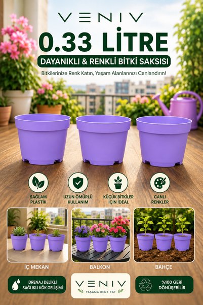 VENİV 0,33 Litre Renkli Bitki Saksısı – Dekoratif Saksı – Drenaj Delikli