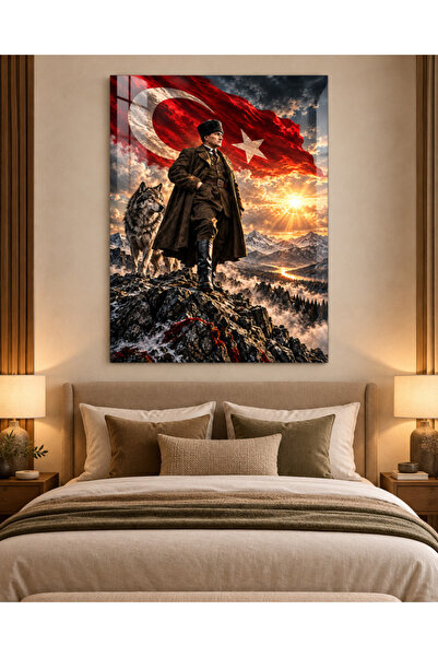 Atatürk ve Bozkurt Türk Bayrağı Temalı Temperli Cam Tablo