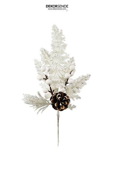 Dekorsende Yılbaşı Süsü Karlı / Simli Berry ve Kozalaklı Pike Beyaz 32 cm