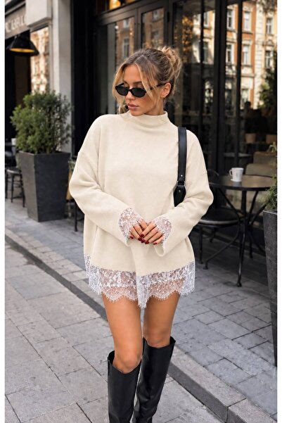 STF MODA Women's Ecru Lace Detailed Half Turtleneck Oversize Knitwear Sweater