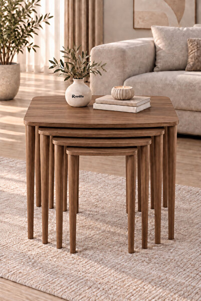 Renlife MDF Zigon Sehpa 4’lü Set – Lake Boyalı Modern Salon Sehpası -CEVİZ
