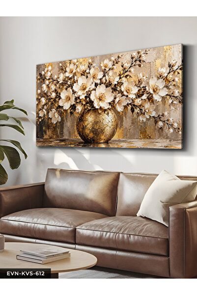 Evinemoda Gold Vazoda Beyaz Çiçekler Tek Parça Kanvas - Canvas Tablo