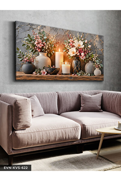Evinemoda Flori roz și lumânare în vază - Pânză decorativă - Tablou pe pânză