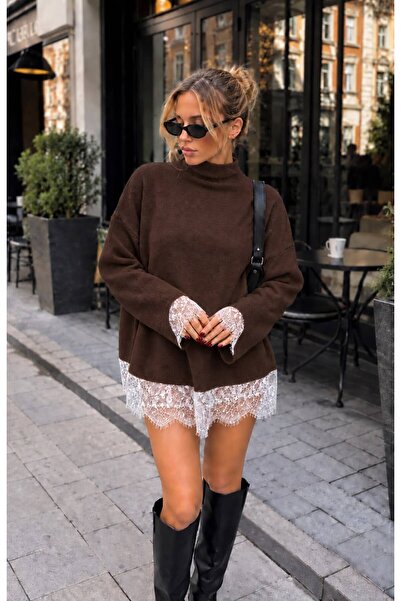 STF MODA Women's Ecru Lace Detailed Half Turtleneck Oversize Knitwear Sweater