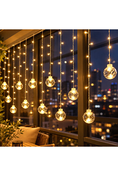 Dekoratif Perde LED Işık 2,5 Metre – 12 Sarkıtlı Fişli Gün Işığı, Yılbaşı ve Ramazan Süsleme LED’i – Ay Yıldız / Küre Seçenekli