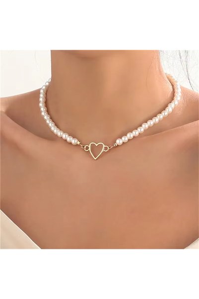 Choice B Trendy Love Heart Pearl Choker Necklace Female Personality Party Fas...