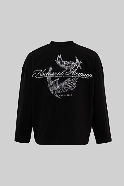 Machinist Men's Raven Embroidered Oversize Long Sleeve T-Shirt Black