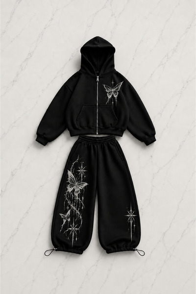 Gofeel Butterfly Graphic Printed Black Oversize Cardigan & Sweatpants Set