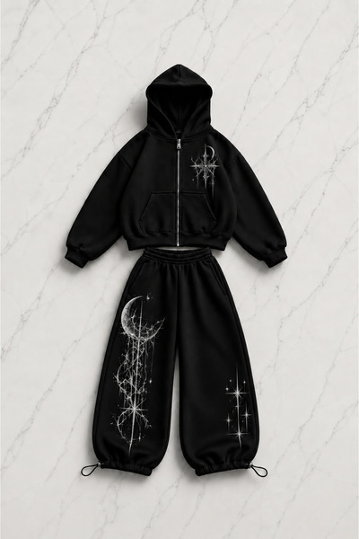 Gofeel Moon Graphic Printed Black Oversize Cardigan & Sweatpants Set