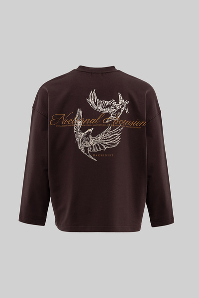 Machinist Men's Raven Embroidered Oversize Long Sleeve T-Shirt Brown