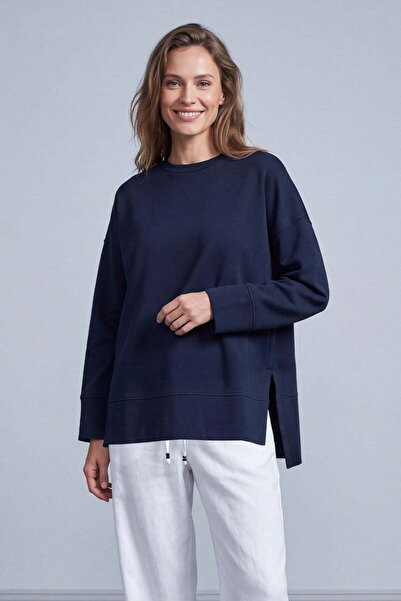Yırtmaçlı Yuvarlak Yaka Sweatshirt Lacivert