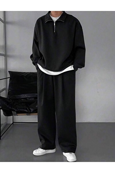 trendgar Black Wide-Legged High-Neck Sweatpants Set