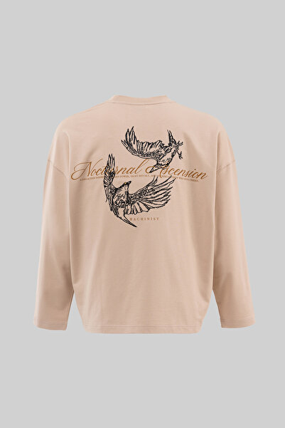 Machinist Men's Raven Embroidered Oversize Long Sleeve T-Shirt Light Beige