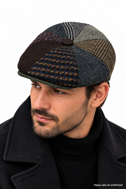 ZERAMİNE Men's Patchwork Cap 8-Piece British Model Patterned Newsboy Hat Vint...