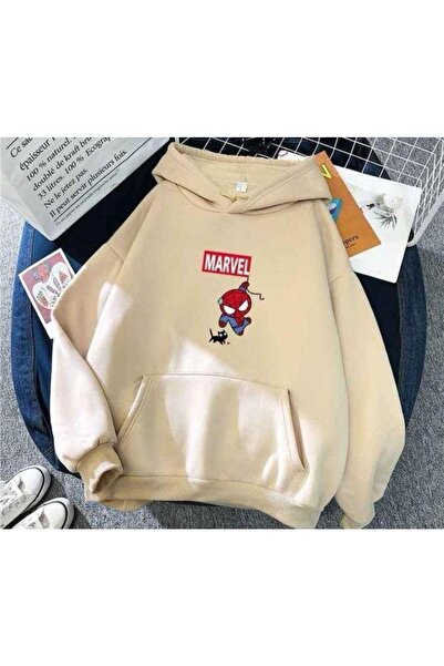 HAI COLLECTİON Marvel Baskılı Kapüşonlu Sweatshirt Oversize Unisex Krem Hoodie