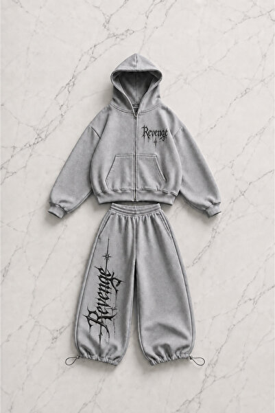 Gofeel Revenge Printed Gray Oversize Cardigan & Sweatpants Set