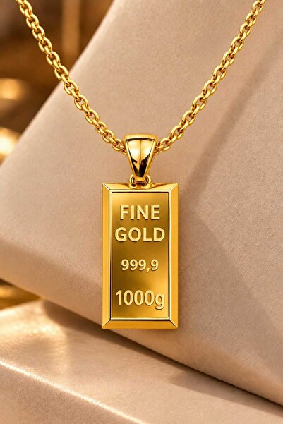 925 Ayar Gümüş Külçe Kolye – Fine Gold Tasarım, 2 Farklı Boy, 40’lık Dodge Zincir, Altın Renk