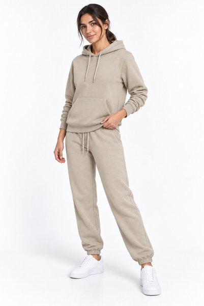 Generic Brand 3 Thread Women's Stone Color Tracksuit Set with Fleece Inside and Hooded Kangaroo Pocket