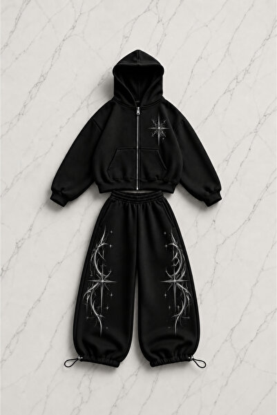 Gofeel Moon Star Graphic Printed Black Oversize Cardigan & Sweatpants Set