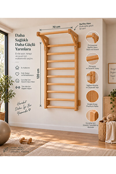 DizyWood Doğal Ahşap İsveç Merdiveni Barfiksli Duvar Tipi Jimnastik ve Egzers...