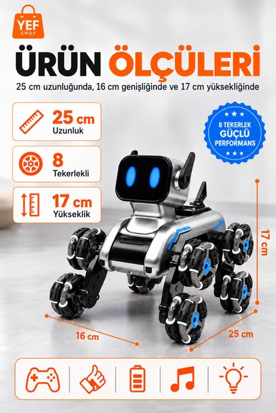 Genel Markalar Köpek Robot Araba Buharlı 8 Tekerlekli Bilekten ve Kumandadan Kontrollü Müzikli LED Işıklı Şarjlı