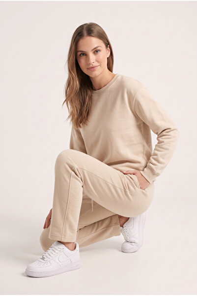 PANDO CASUAL WEAR Kadın 3 İplik Düz Paça Eşofman Altı Jogger Bej