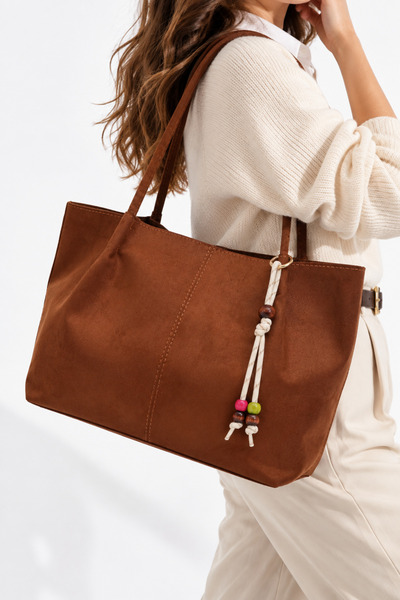 Les Crioch Taba Süet Kadın Shopper Omuz Çantası – Vintage Model Charm Hediyeli