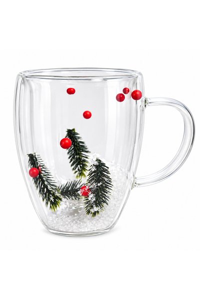 Generic Brand ☕🎄 Cană din sticlă cu perete dublu, model de Crăciun, 330 ml