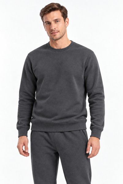 Generic Brand Ribbed Soft 3 Yarn Fabric Crew Neck Top and Double Pocket Bottom Winter Men's Smoked Tracksuit Set