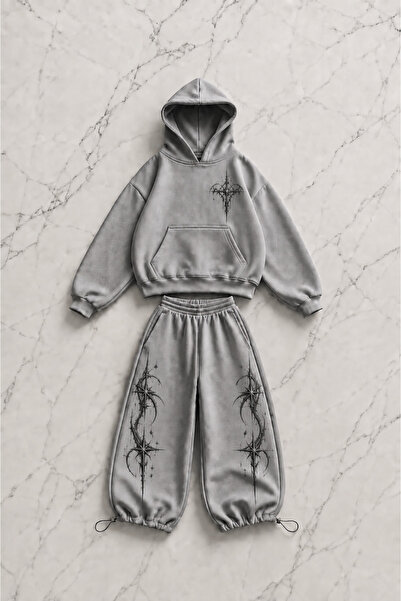 Gofeel Flame Graphic Printed Gray Oversize Hoodie & Sweatpants Set