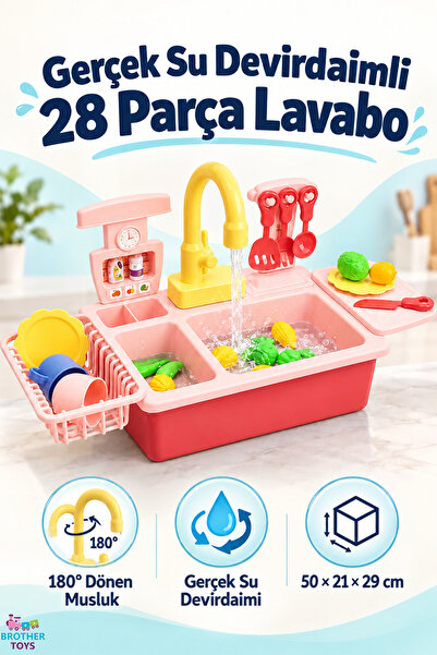 Brother Toys 28 Parça Pilli Su Devir Daimli Oyuncak Lavabo Musluk Gerçekçi Mu...