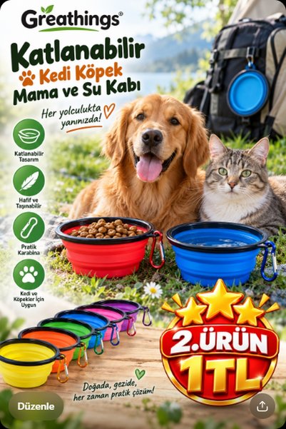 Greathings 350 ml Katlanabilir Kedi Köpek Mama ve Su Kabı Karabinalı Seyahat ...