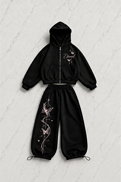 Gofeel Eternal Printed Black Oversize Cardigan & Sweatpants Set